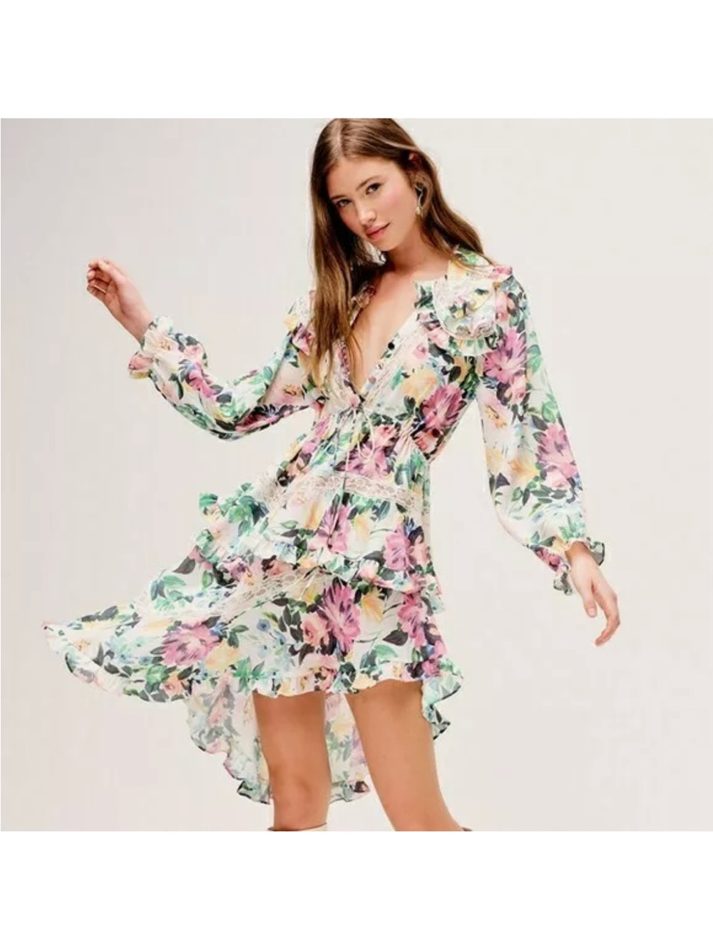 For Love & Lemons Floral Tiered V-Neck Long Sleeve Dress in Multi-Color